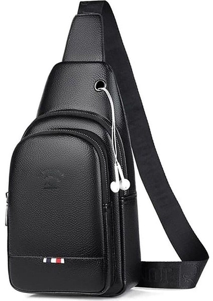 Unisex Siyah Vegan Deri Kulaklık Çıkışlı Çapraz Omuz Çantası Bel Çantası Günlük Çanta