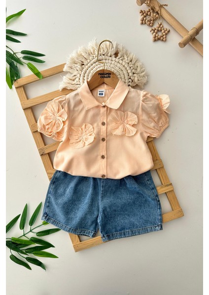 Gül Detaylı Pamuk Gömlekli Kot Şortlu Kız çocuk takım - Kavuniçi