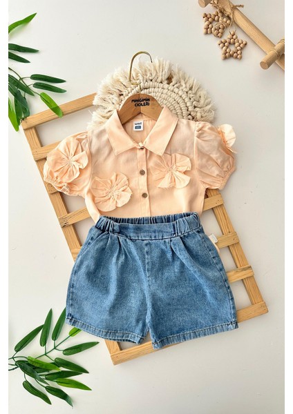 Gül Detaylı Pamuk Gömlekli Kot Şortlu Kız çocuk takım - Kavuniçi fiyatları