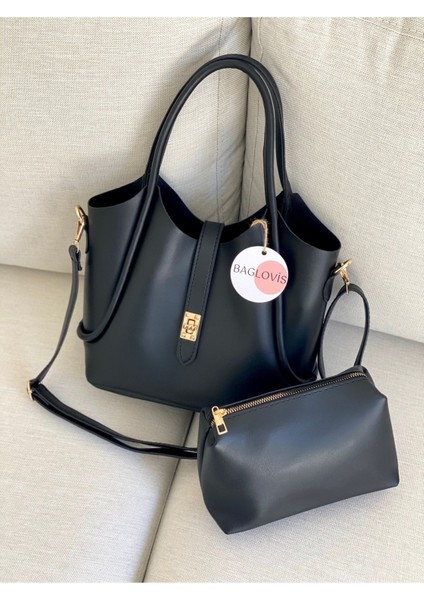 Yavru Çanta Ekstralı Önü Kilit Detaylı Siyah Kadın Omuz Çantası