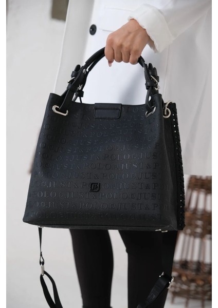 Kadın Siyah Örgülü 4 Bölmeli Omuz Çantası Ve El Çantası