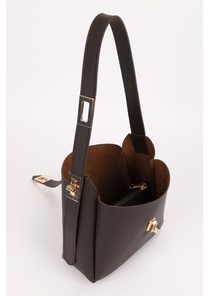 Kadın Kahve Gold Kilit Detay Aksesuarlı Ayarlanabilir Kilit Askılı El Kol Ve Omuz Çantası indirimleri