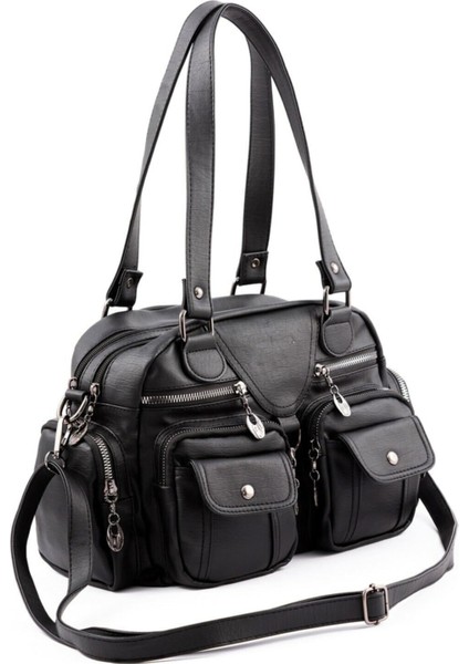 Kadın Siyah Yıkama Deri Çok Gözlü Omuz Ve Kol Çantası