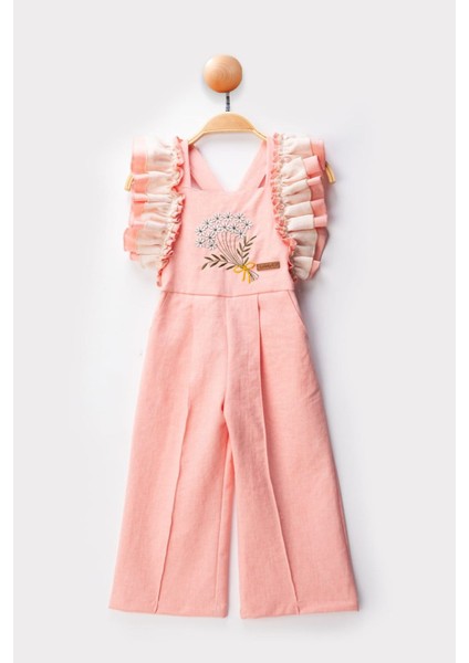 Kolları Fırfır Detaylı Çiçek Işleme Kız Çocuk tulum salopet - Açık Pembe