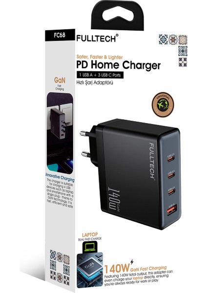 FC68 140W Gan Hızlı Şarj Adaptörü | 1x Usb-A + 3x Usb-C Port | Pd Süper Hızlı Laptop ve Telefon Şarj Cihazı