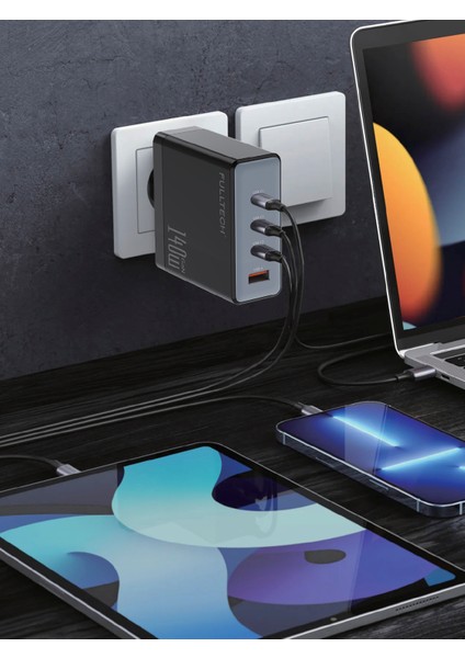 FC68 140W Gan Hızlı Şarj Adaptörü | 1x Usb-A + 3x Usb-C Port | Pd Süper Hızlı Laptop ve Telefon Şarj Cihazı