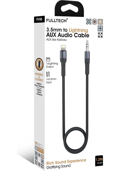 FH16 Lightning To 3.5mm Aux Ses Kablosu 1.2 Metre – Dayanıklı ve Esnek Tasarım