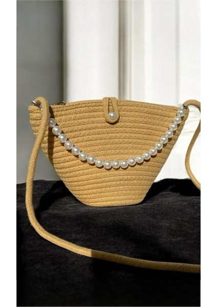 Kadın Sütlü Kahve Incili Tasarım Omuz Çantası