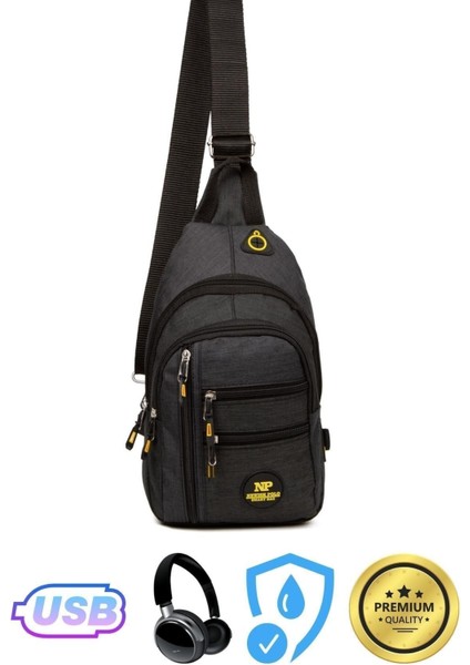 Unisex Siyah Su Geçirmez Usb Kulaklık Çıkışlı Omuz Çantası Çapraz Askılı Göğüs Çanta fiyatları