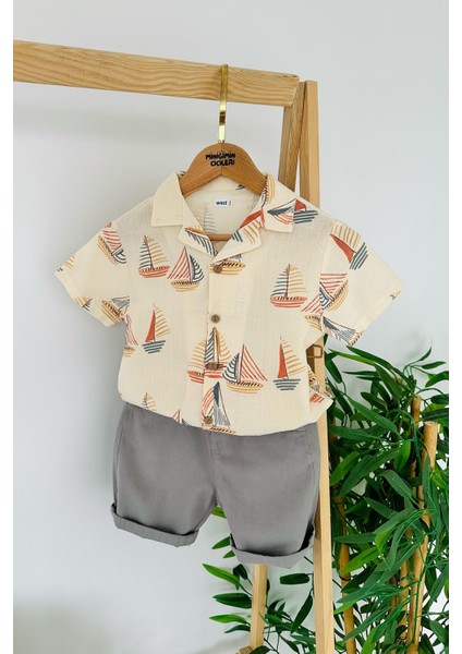 Yelken Desenli Erkek Çocuk Pamuk Keten 2 li takım - Gri