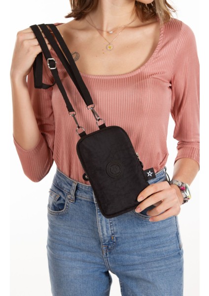 Kadın Siyah Krınkıl Suya Dayanıklı Telefon Bölmeli Mini Omuz ve Bel Çantası (Boy:19 EN:12CM)