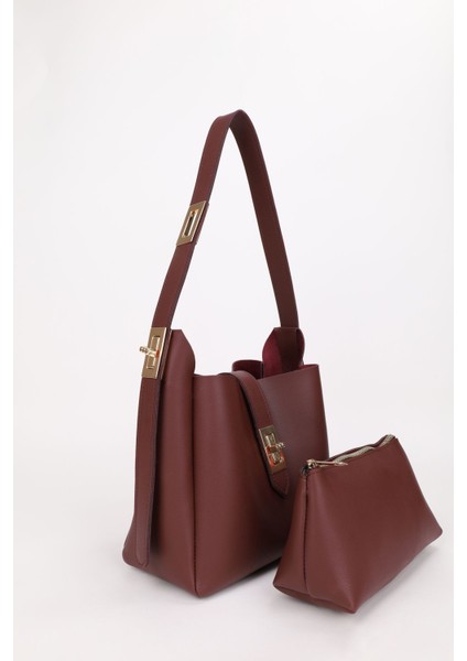 Kadın Bordo Gold Kilit Detay Aksesuarlı Ayarlanabilir Kilit Askılı El Kol Ve Omuz Çantası