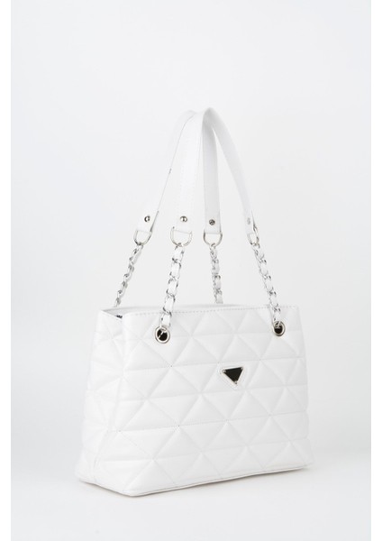 Beyaz Deri Kapitone 3 Bölme Fermuar Kapama Zincir Askılı Astarlı El Kol Ve Omuz Çantası
