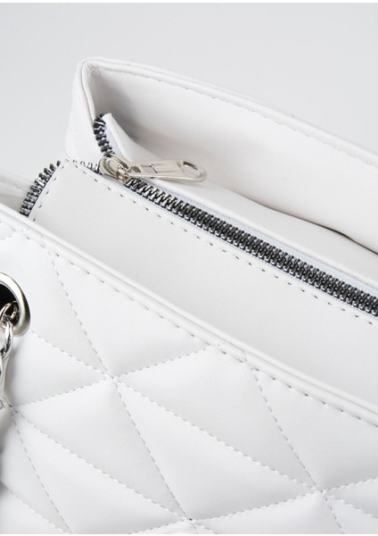 Beyaz Deri Kapitone 3 Bölme Fermuar Kapama Zincir Askılı Astarlı El Kol Ve Omuz Çantası fırsatları
