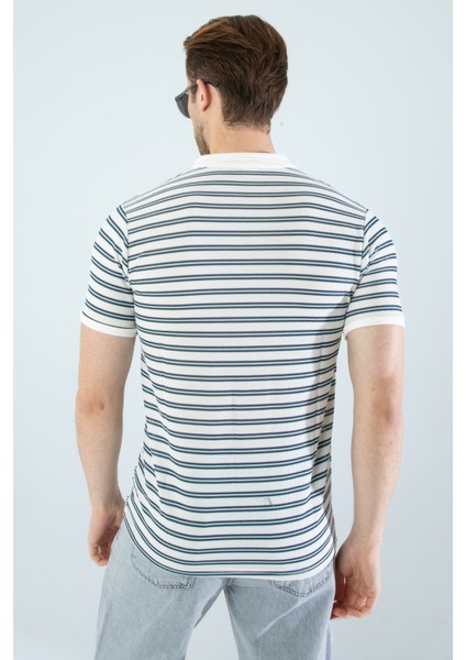 Erkek Slim Fit Kesim Enine Çizgili Y Yaka Pamuklu Likralı Yakalı Kısa Kol T-Shirt indirimleri