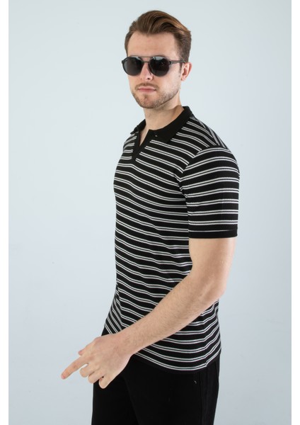 Erkek Slim Fit Kesim Enine Çizgili Y Yaka Pamuklu Likralı Yakalı Kısa Kol T-Shirt fiyatları