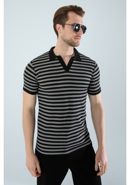 Erkek Slim Fit Kesim Enine Çizgili Y Yaka Pamuklu Likralı Yakalı Kısa Kol T-Shirt modelleri