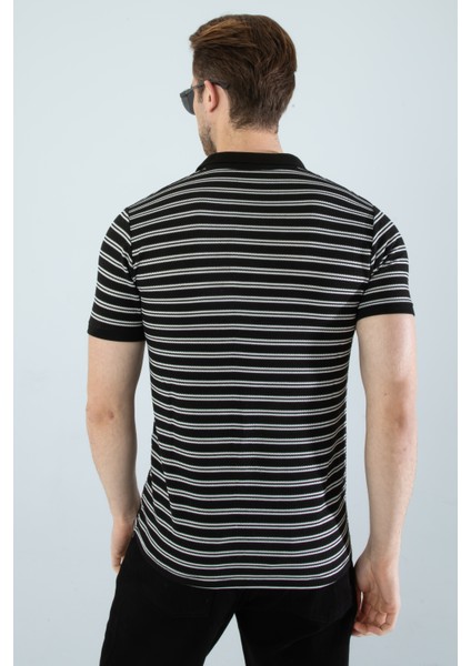 Erkek Slim Fit Kesim Enine Çizgili Y Yaka Pamuklu Likralı Yakalı Kısa Kol T-Shirt indirimleri