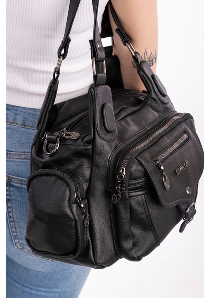 Kadın Premium Siyah Yıkama Deri Omuz Çantası