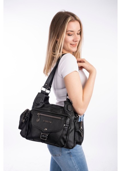 Kadın Premium Siyah Yıkama Deri Omuz Çantası modelleri