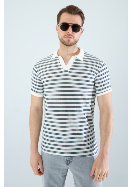 Erkek Slim Fit Kesim Enine Çizgili Y Yaka Pamuklu Likralı Yakalı Kısa Kol T-Shirt