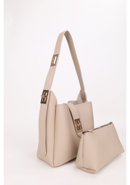 Kadın Vizon Gold Kilit Detay Aksesuarlı Ayarlanabilir Kilit Askılı El Kol Ve Omuz Çantası