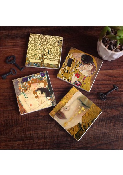 Gustav Klimt Altın Gözyaşları, Anne Çocuk, Öpücük, Hayat Ağacı Taş Bardak Altlığı Seti - 4 Parça - Dekoratif, Rustik Mutfak Aksesuarı, 10X10 Cm, Kaydırmaz Tabanlı, Şık ve Dayanıklı SC139