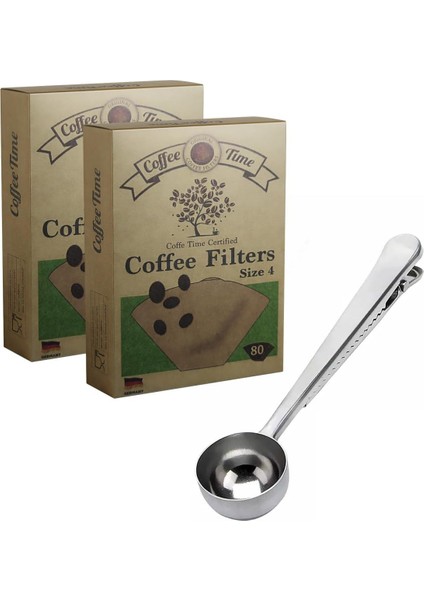 Adet Coffee Time Filtre Kahve Kağıdı 1/4 4 Numara 80'li Paket + Kanji Klipsli Çay Kahve Ölçü Kaşığı - Paslanmaz Çelik Silver