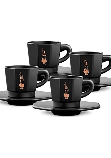 - 4'lü Espresso Fincan Seti - Sekizgen Tasarım - Siyah Renk - Porselen