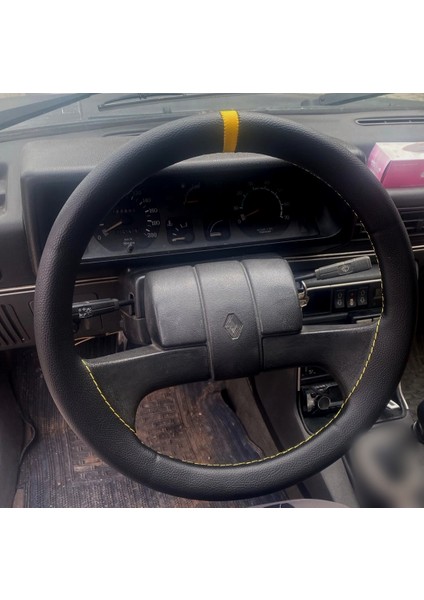 Dikişli Direksiyon Kılıfı Siyah Deri Sarı Yüzük Sarı Dikişli Renault 9 Broadway Için
