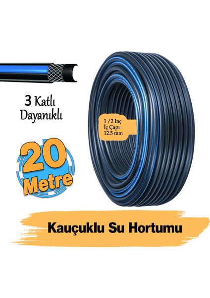 Termo Kauçuklu Bahçe Hortumu 20 Metre Dayanıklı 3 Katlı Sağlam Su Sulama Yıkama Hortum 12.5 mm 1/2"