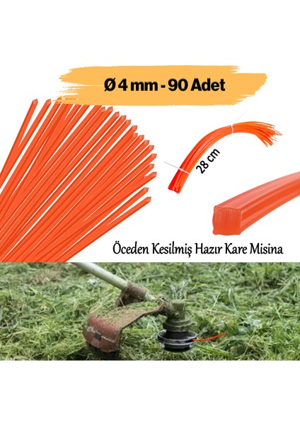 Hazır 28 cm Motorlu Tırpan Kare Misinası 4 mm 90 Adet Çim Ot Biçme Teli Extra Güçlü Profesyonel