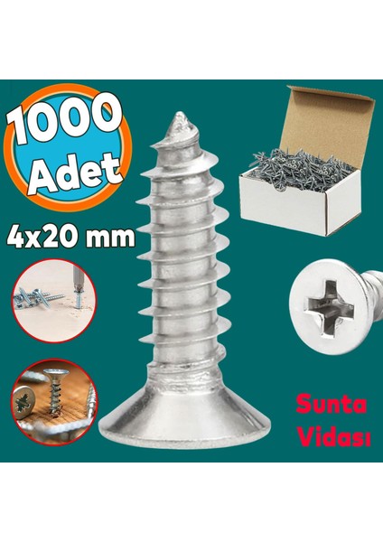 Sunta Vidası Sivri Uçlu Ahşap Tahta Ağaç Mobilya Ayak Kulp Vidası 4X20 mm Paket 1000 Adet