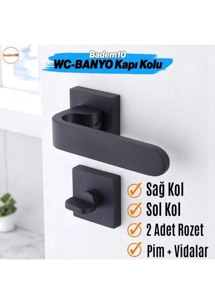 Ay Wc - Banyo Siyah Kapı Kolu Kare Rozetli Ev Kapı Kolları Sağa Sola Uygun Kilitlenebilir 1 Takım