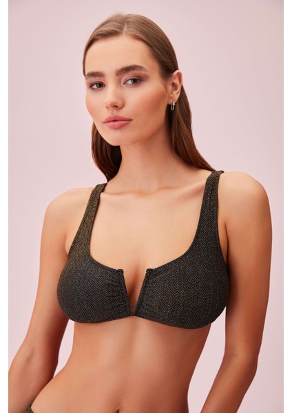 Gold Detaylı Dokulu Bikini Üst