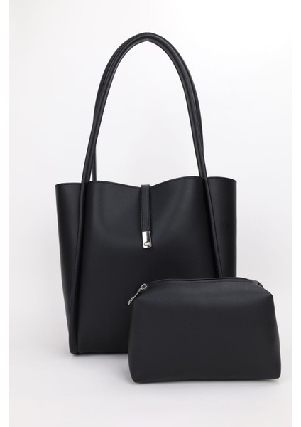 Kadın Siyah Mıknatıs Kapamalı Makyaj Çantalı El Ve Omuz Çantası U:30 E:33 G:15 Cm Jade