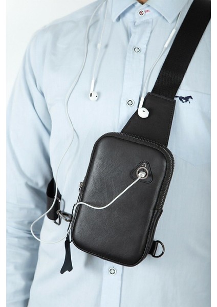 Erkek Siyah Deri Telefon Cüzdan Bölmeli Usb Kulaklık Çıkışlı Çapraz Göğüs Ve Omuz Çantası modelleri