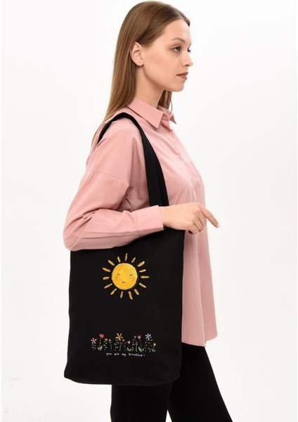 Siyah Kanvas Gülümseyen Güneş Baskılı Çanta