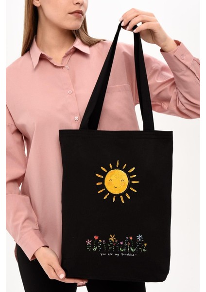 Siyah Kanvas Gülümseyen Güneş Baskılı Çanta fiyatları