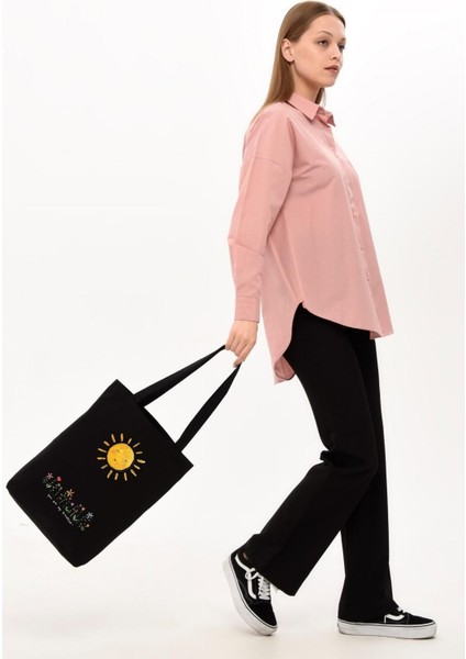 Siyah Kanvas Gülümseyen Güneş Baskılı Çanta fırsatları