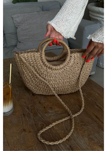 Large Yarım Ay Askılı Hasır Çanta Camel Eshe