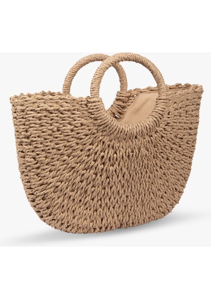 Large Yarım Ay Askılı Hasır Çanta Camel Eshe modelleri