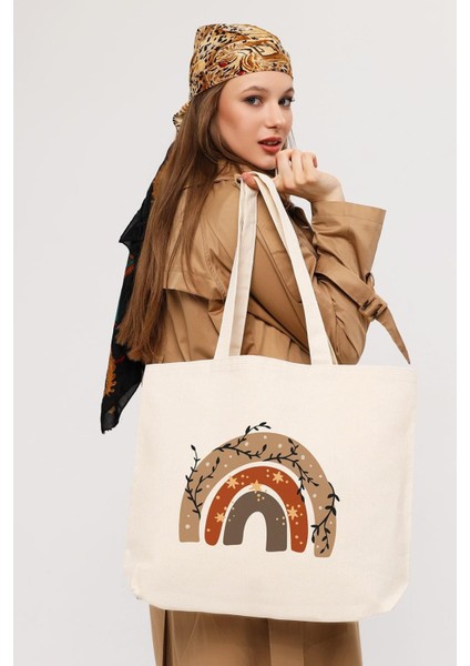 Kanvas Yatay Yıldızlı Gökkuşağı Baskılı Bez Çanta