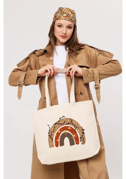 Kanvas Yatay Yıldızlı Gökkuşağı Baskılı Bez Çanta fiyatları