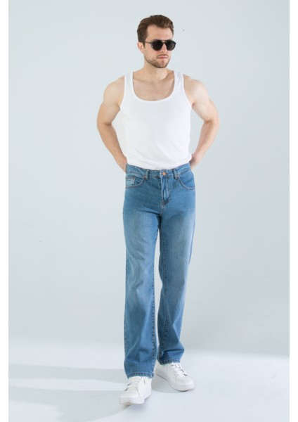 Erkek Baggy Fit Kalıp Taşlamalı Rahat Kesim Bol Paça Orta Mavi Denim Kot Pantolon