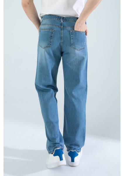 Erkek Baggy Fit Kalıp Taşlamalı Rahat Kesim Bol Paça Orta Mavi Denim Kot Pantolon fiyatları
