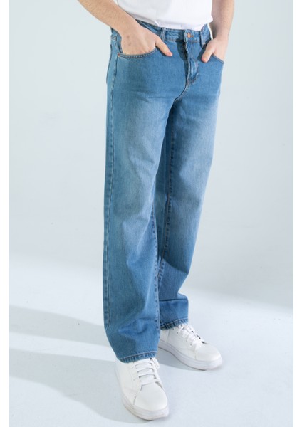 Erkek Baggy Fit Kalıp Taşlamalı Rahat Kesim Bol Paça Orta Mavi Denim Kot Pantolon modelleri