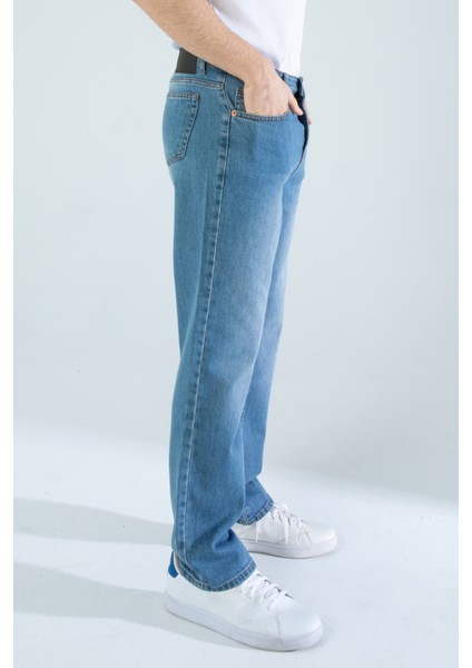 Erkek Baggy Fit Kalıp Taşlamalı Rahat Kesim Bol Paça Orta Mavi Denim Kot Pantolon fırsatları