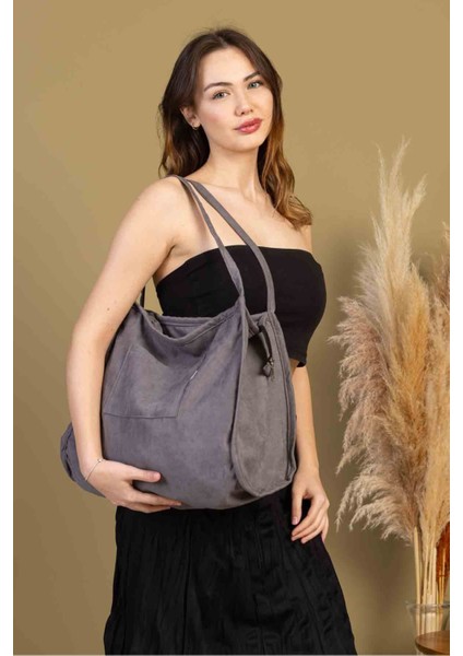Grey 00s Shopper Bag Fermuarlı, Astarlı , Kumaş, Kol Ve Omuz Çantası / Okul & Günlük