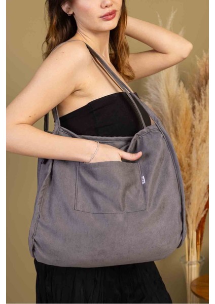 Grey 00s Shopper Bag Fermuarlı, Astarlı , Kumaş, Kol Ve Omuz Çantası / Okul & Günlük modelleri